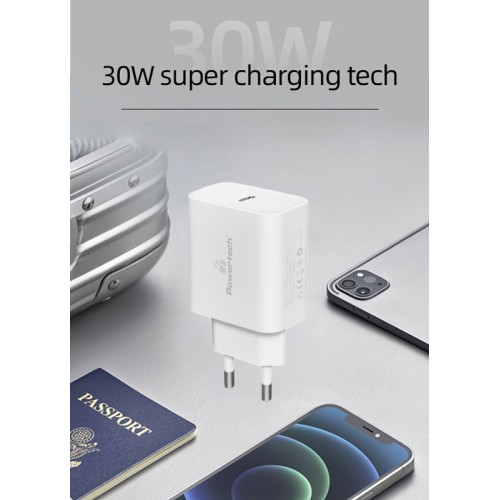 Powertech POWERTECH φορτιστής τοίχου PT-1043, USB-C, PD QC3.0, GaN, 30W, λευκός