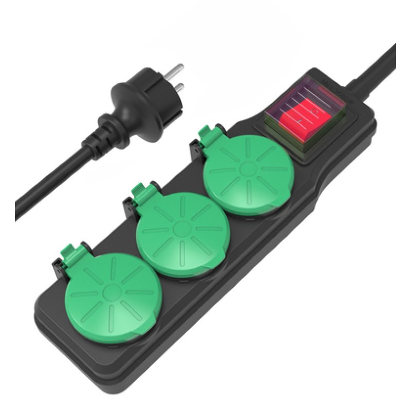 Powertech POWERTECH πολύπριζο PT-1070, 3x schuko, IP44, 16A, 1.5m, μαύρο