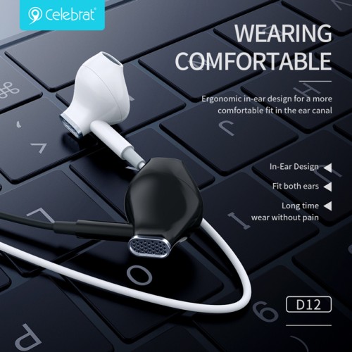 CELEBRAT CELEBRAT earphones με μικρόφωνο D12, USB-C σύνδεση, Φ14.2mm, 1.2m, λευκά