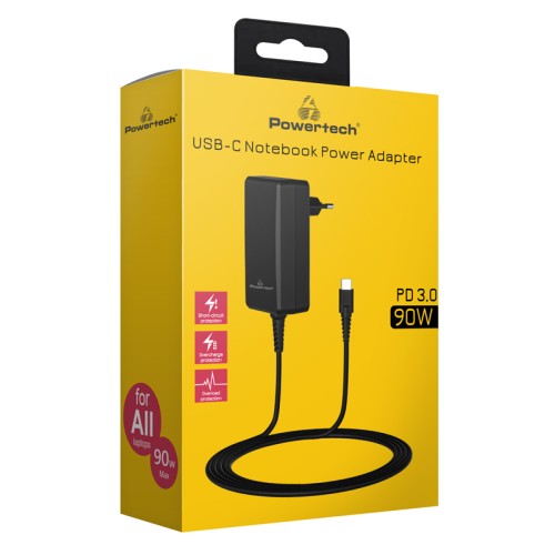 Powertech POWERTECH φορτιστής laptop PT-1157, USB-C PD, universal, 90W, μαύρος