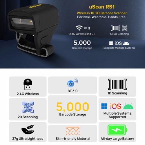 ULEFONE ULEFONE barcode scanner uScan RS1, ασύρματο 2.4G/Bluetooth, 1D/2D, μαύρο
