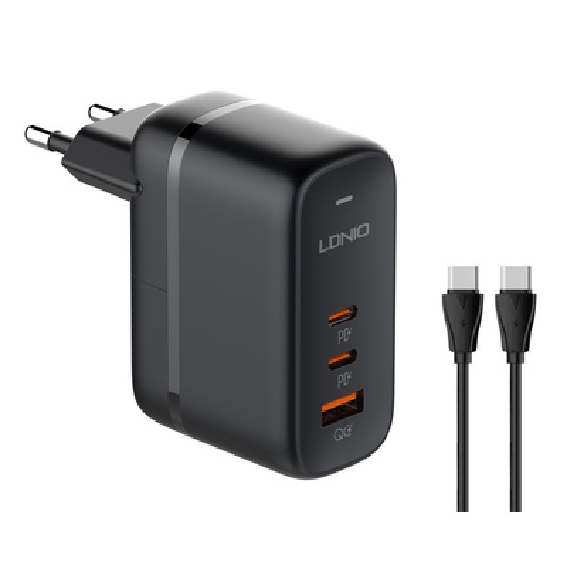 LDNIO LDNIO φορτιστής τοίχου Q366 με καλώδιο, USB/2x USB-C, 65W, GaN, μαύρος