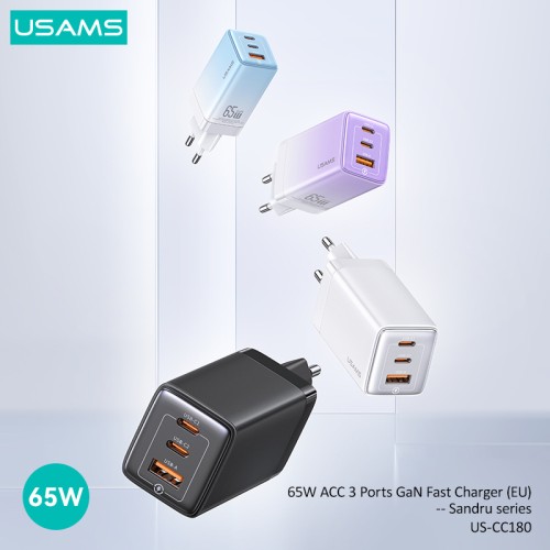 USAMS USAMS φορτιστής τοίχου US-CC180, USB & 2x USB-C, 65W PD, GaN, μαύρος