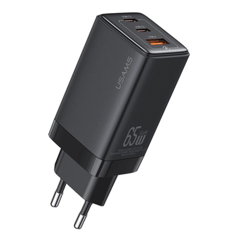 USAMS USAMS φορτιστής τοίχου US-CC180, USB & 2x USB-C, 65W PD, GaN, μαύρος
