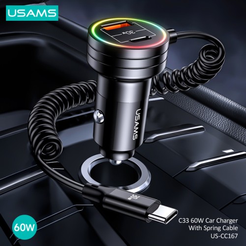 USAMS USAMS φορτιστής αυτοκινήτου US-CC167 με καλώδιο, USB/USB-C, 60W, μαύρος