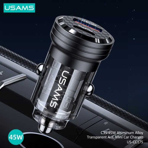 USAMS USAMS φορτιστής αυτοκινήτου US-CC175, USB & USB-C, 45W, QC & PD, μαύρος