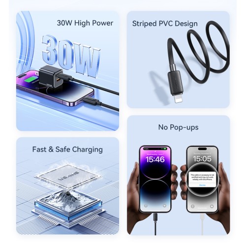 USAMS USAMS καλώδιο Lightning σε USB-C US-SJ692, 30W, 480Mbps, 1m, μαύρο