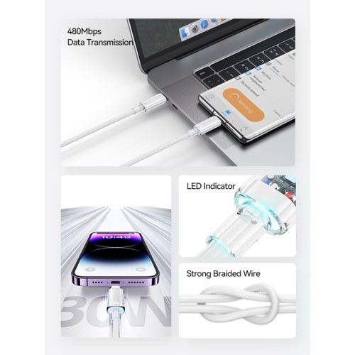 USAMS USAMS καλώδιο Lightning σε USB-C US-SJ659, 30W, 480Mbps, 1.2m, λευκό