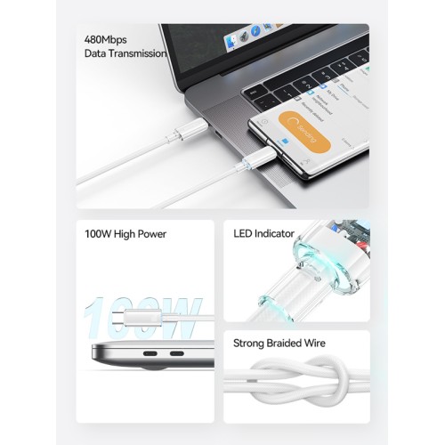 USAMS USAMS καλώδιο USB-C σε USB-C US-SJ660, 100W, 480Mbps, 1.2m, λευκό