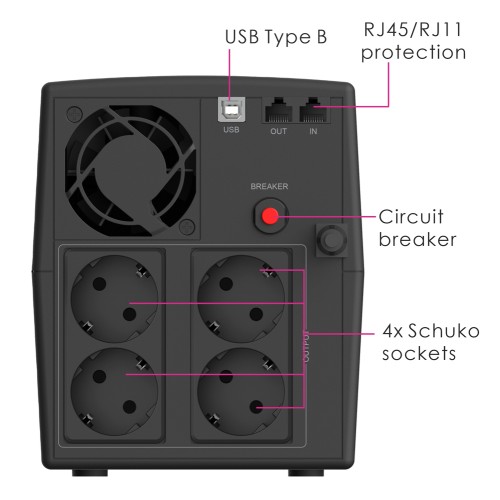 Powertech POWERTECH UPS Line Interactive PT-1298 με οθόνη, 2200VA, 1320W, 4x Schuko, 2x RJ45/RJ11, USB Type B