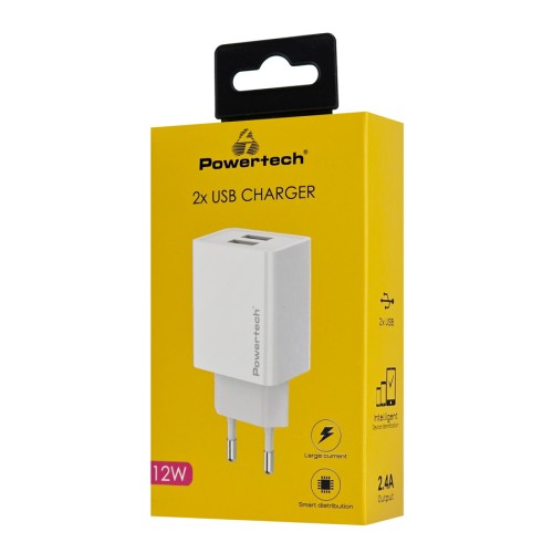 Powertech POWERTECH φορτιστής τοίχου PT-1321, 2x USB, 12W, λευκός