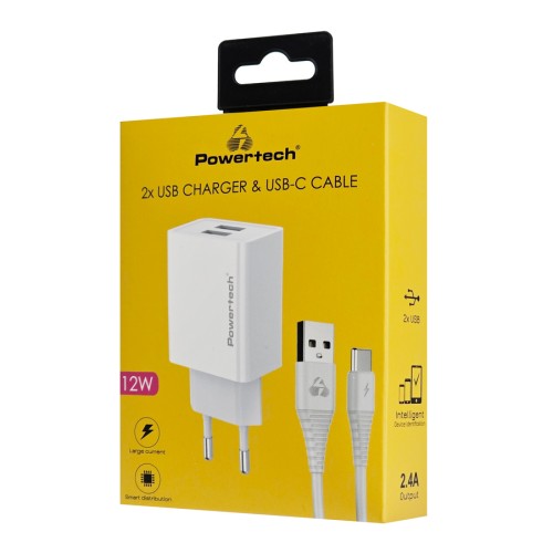 Powertech POWERTECH φορτιστής τοίχου PT-1324 με καλώδιο USB-C, 2x USB, 12W, λευκός