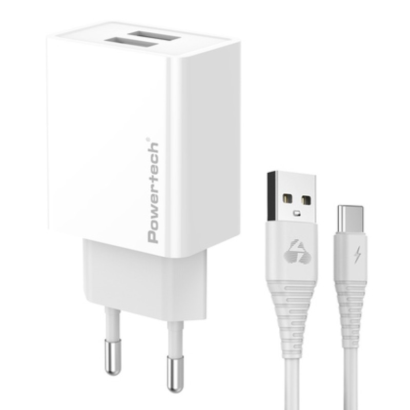 Powertech POWERTECH φορτιστής τοίχου PT-1324 με καλώδιο USB-C, 2x USB, 12W, λευκός