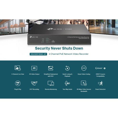 TP-Link TP-LINK NVR καταγραφικό VIGI NVR1004H-4P, 8MP, 4 κανάλια PoE, Ver. 1.0