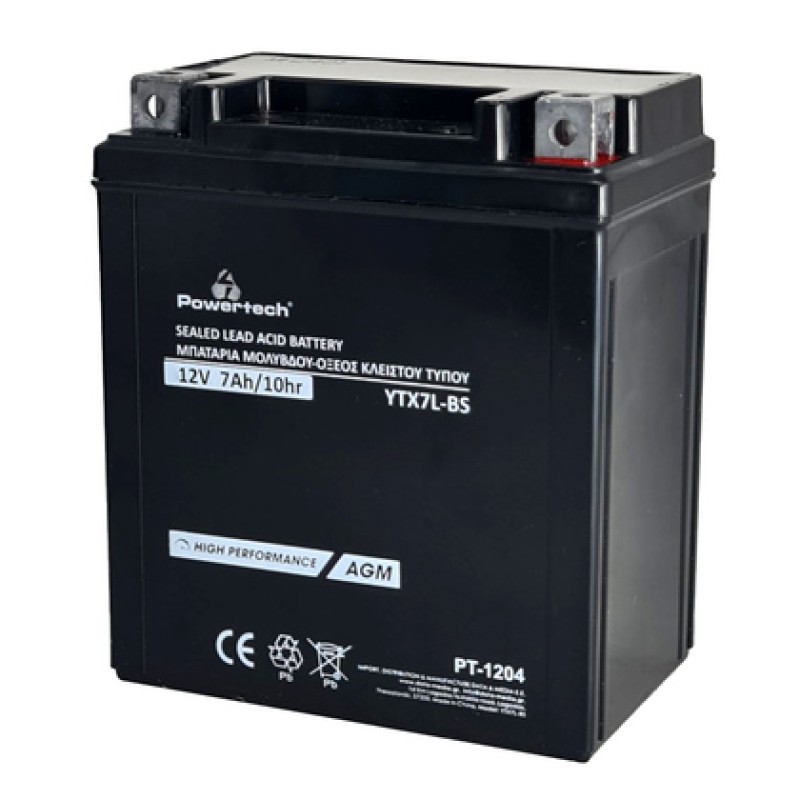 Powertech POWERTECH μπαταρία μολύβδου μοτοσυκλέτας PT-1204, 12V 7Ah, AGM, YTX7L-BS