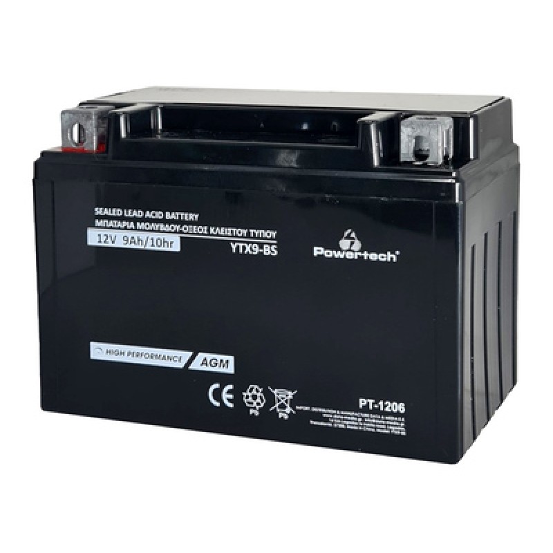 Powertech POWERTECH μπαταρία μολύβδου μοτοσυκλέτας PT-1206, 12V 9Ah, AGM, YTX9-BS