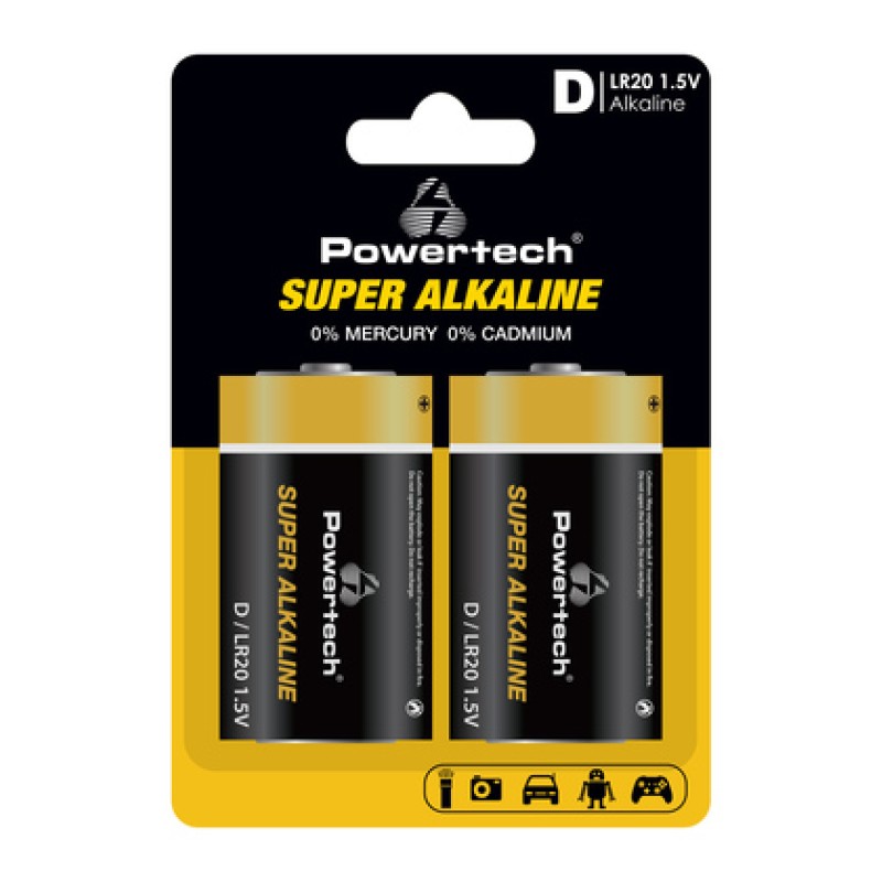 Powertech POWERTECH αλκαλικές μπαταρίες Super Alkaline PT-1217, LR20, 1.5V, 2τμχ