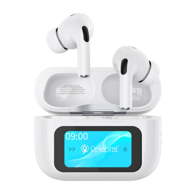 CELEBRAT CELEBRAT earphones με θήκη φόρτισης W63, οθόνη αφής, TWS, ANC, 13mm, 30/360mAh, λευκό