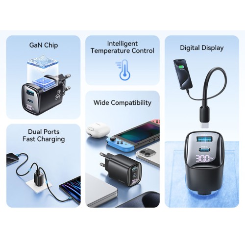 USAMS USAMS φορτιστής τοίχου US-CC229, USB & USB-C, 30W, GaN, μαύρος