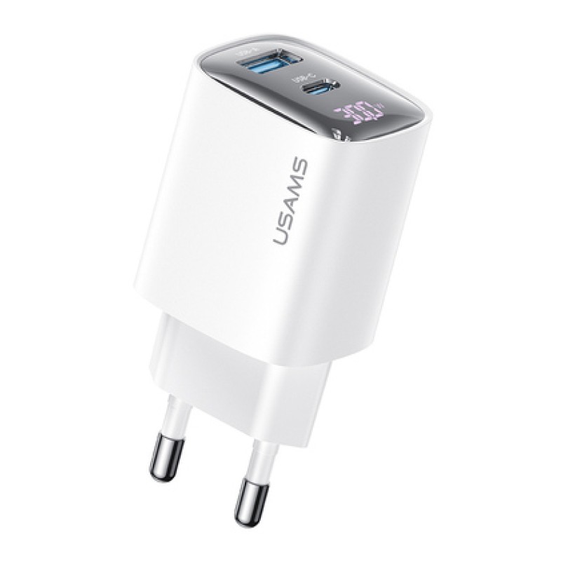 USAMS USAMS φορτιστής τοίχου US-CC229, USB & USB-C, 30W, GaN, λευκός