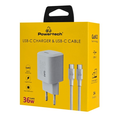 Powertech POWERTECH φορτιστής τοίχου PT-1350 με καλώδιο, USB-C, 36W, GaN, λευκός