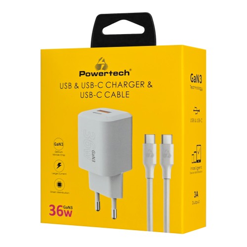 Powertech POWERTECH φορτιστής τοίχου PT-1351 με καλώδιο, USB/USB-C, 36W, GaN, λευκός