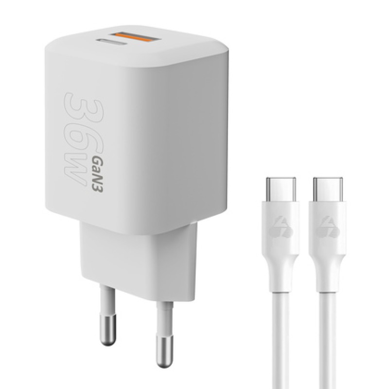 Powertech POWERTECH φορτιστής τοίχου PT-1351 με καλώδιο, USB/USB-C, 36W, GaN, λευκός