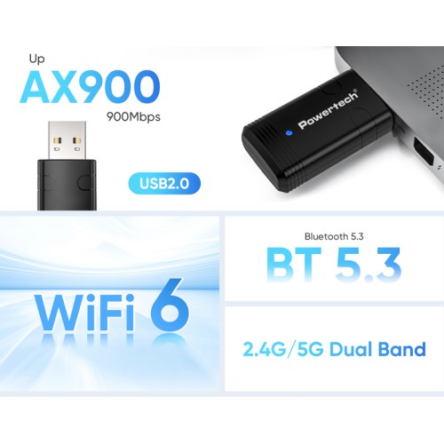 Powertech POWERTECH ασύρματος USB αντάπτορας δικτύου & Bluetooth 5.3 PT-1387, 900Mbps WiFi 6