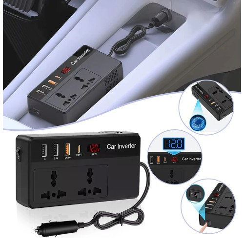 Powertech POWERTECH inverter αυτοκινήτου PTL-023, 200W, 12V DC σε 220V AC, με USB-C/3x USB