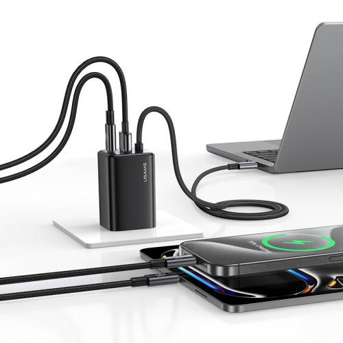 USAMS USAMS φορτιστής τοίχου CC266 με καλώδιο, USB & USB-C, 65W, GaN, μαύρος