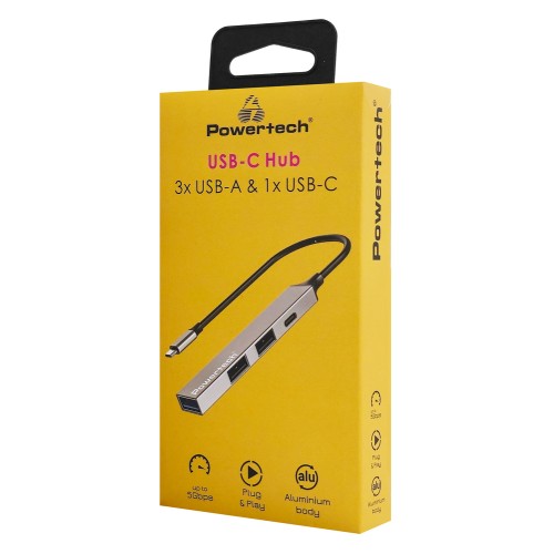 Powertech POWERTECH USB hub PT-1412, 4x θυρών, USB 3.2, 5Gbps, USB-C σύνδεση, γκρι