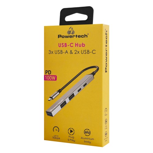Powertech POWERTECH USB hub PT-1414, 5x θυρών, USB 3.2, 5Gbps, 100W, USB-C σύνδεση, γκρι