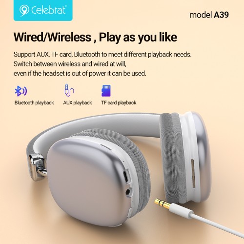 CELEBRAT CELEBRAT headphones A39, ασύρματα & ενσύρματα, micro SD, 40mm, 400mAh, μαύρα