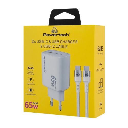 Powertech POWERTECH φορτιστής τοίχου PT-1415 με καλώδιο, USB/2x USB-C, 65W, GaN, λευκός