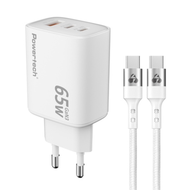 Powertech POWERTECH φορτιστής τοίχου PT-1415 με καλώδιο, USB/2x USB-C, 65W, GaN, λευκός