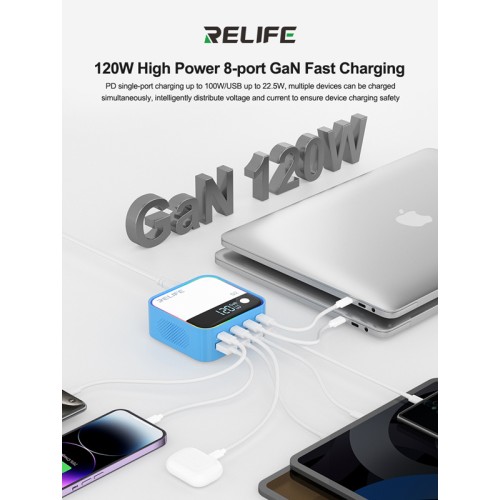 RELIFE RELIFE σταθμός φόρτισης Q2, 4x USB-C & 4x USB, 120W, GaN, μπλε