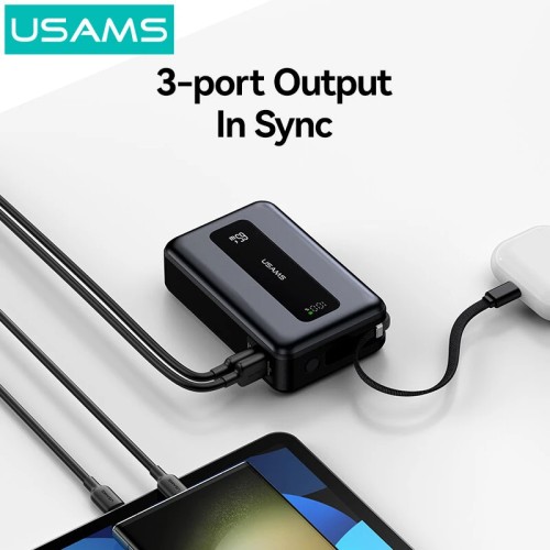 USAMS USAMS power bank CD243 με καλώδιο USB-C, 2x θύρες εξόδου, 20000mAh, 65W, γκρι