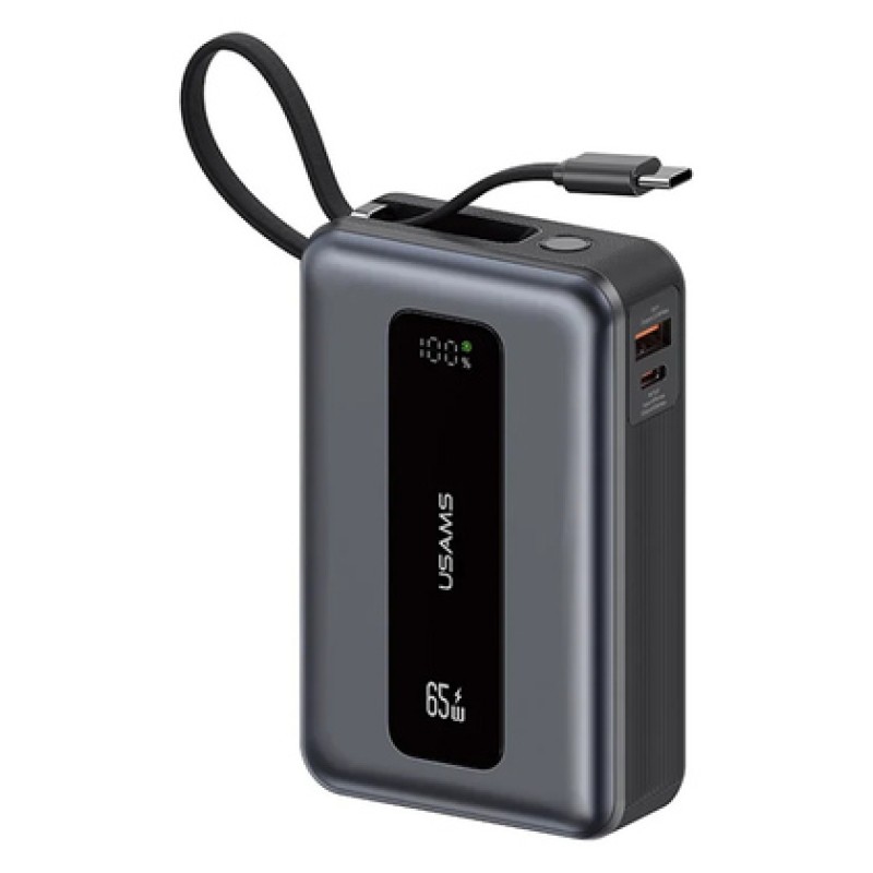 USAMS USAMS power bank CD243 με καλώδιο USB-C, 2x θύρες εξόδου, 20000mAh, 65W, γκρι