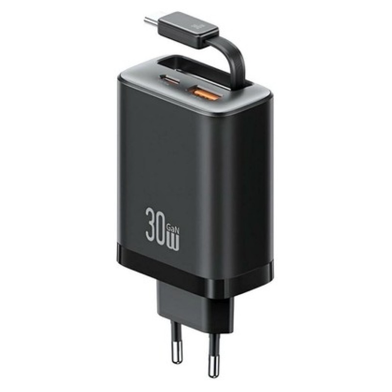 USAMS USAMS φορτιστής τοίχου CC296 με καλώδιο, USB & USB-C, 30W, μαύρος