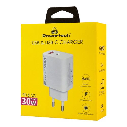 Powertech POWERTECH φορτιστής τοίχου PT-1433, USB/USB-C, 30W, GaN, λευκός