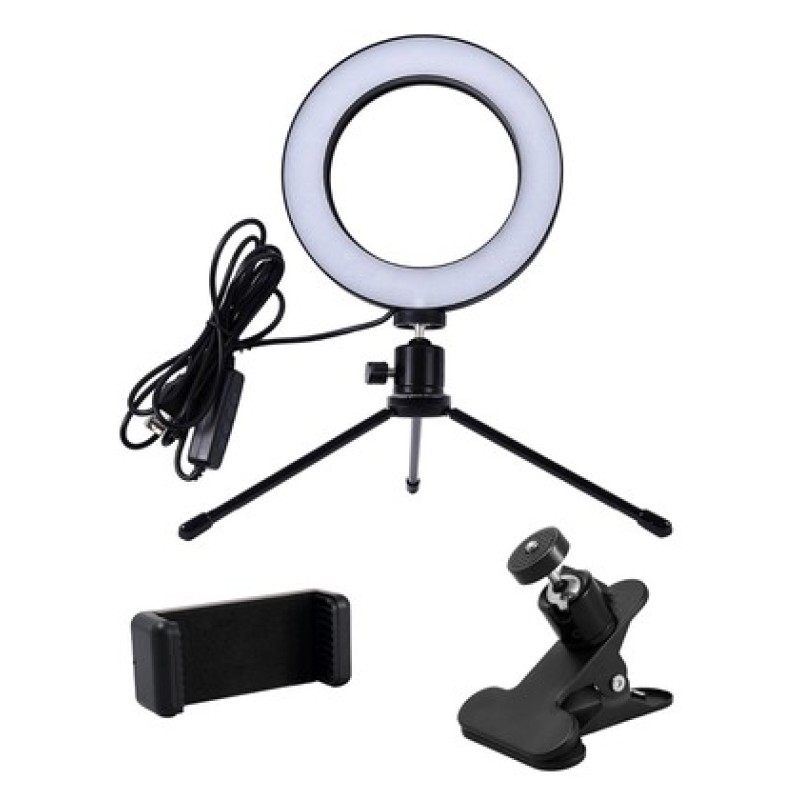 CABLETIME CABLETIME φωτιστικό δαχτυλίδι LED CT-LRL6-PB με μίνι τρίποδα & σφιγκτήρα, βάση smartphone, Φ16cm