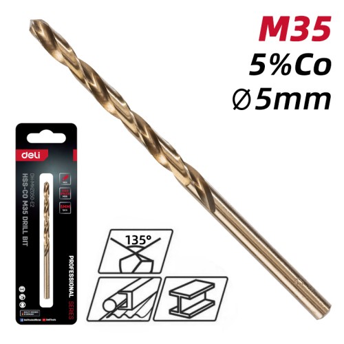DELI DELI τρυπάνι DH-MHZ050-E2 για μέταλλο, M35 HSS 5% κοβαλτίου, DIN 388, 5x86mm, κυλινδρικό