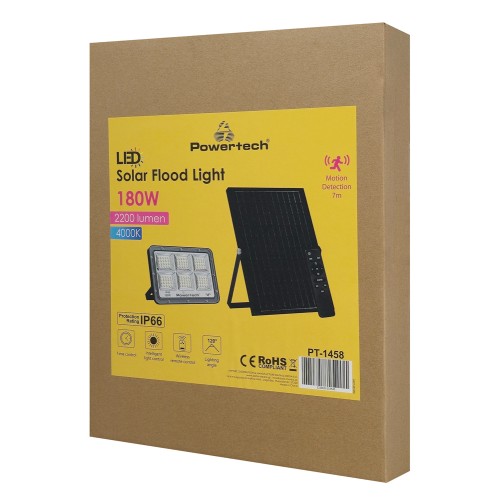 Powertech POWERTECH LED ηλιακός προβολέας PT-1458 με τηλεχειριστήριο, αισθητήρας κίνησης, 180W, 4000K, 2000lm, IP66