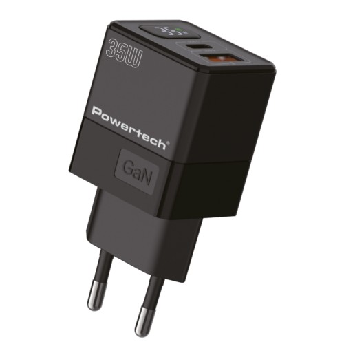Powertech POWERTECH φορτιστής τοίχου PT-1499 με οθόνη, USB/USB-C, 35W, GaN, μαύρος
