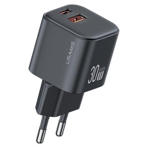 USAMS USAMS φορτιστής τοίχου CC263, USB & USB-C, 30W, GaN, μαύρος