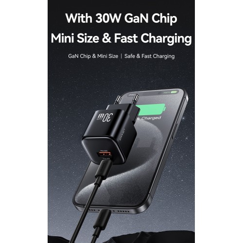 USAMS USAMS φορτιστής τοίχου CC263, USB & USB-C, 30W, GaN, λευκός