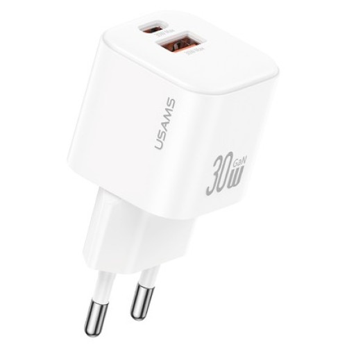 USAMS USAMS φορτιστής τοίχου CC263, USB & USB-C, 30W, GaN, λευκός