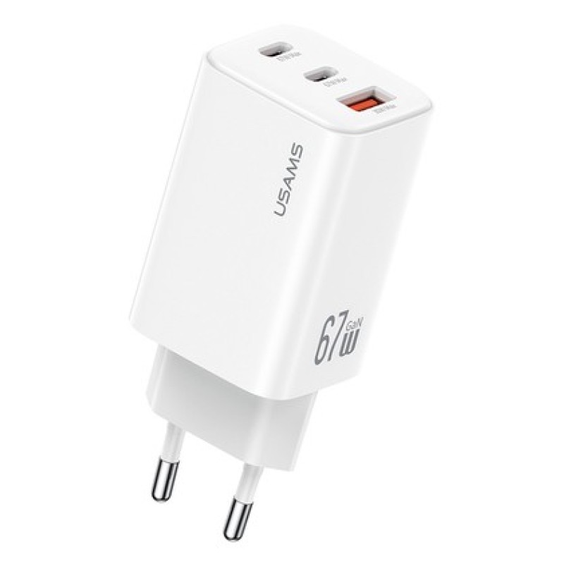 USAMS USAMS φορτιστής τοίχου CC265, USB & 2x USB-C, 67W, GaN, λευκός