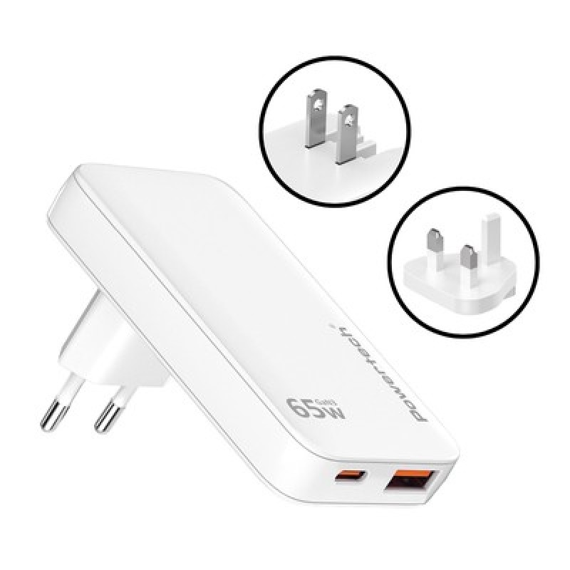 Powertech POWERTECH φορτιστής τοίχου PT-1532, EU/UK/CN βύσμα, USB/USB-C, 65W, GaN, λευκός