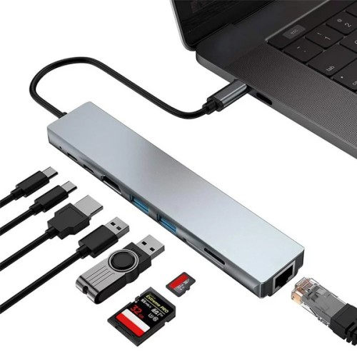 Powertech POWERTECH docking station PT-1536, 8 θυρών, USB-C σύνδεση, 87W PD, 100Mbps, γκρι